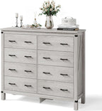 LINSY HOME Farmhouse 8 Drawer Double Dresser for Bedroom, 50” Wide Rustic Wood Chest with Deep Drawers, Modern Dressers with Storage and Metal Handles for Closet, Living Room, Hallway, Wash Grey