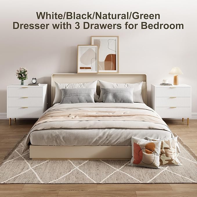 GarveeHome White Dresser, Modern 3 Drawer Dresser for Bedroom with Gold Handle and Large Drawer, Wood Double Chest of Drawers and Storage Organizer for Living Room, Hallway, Entryway