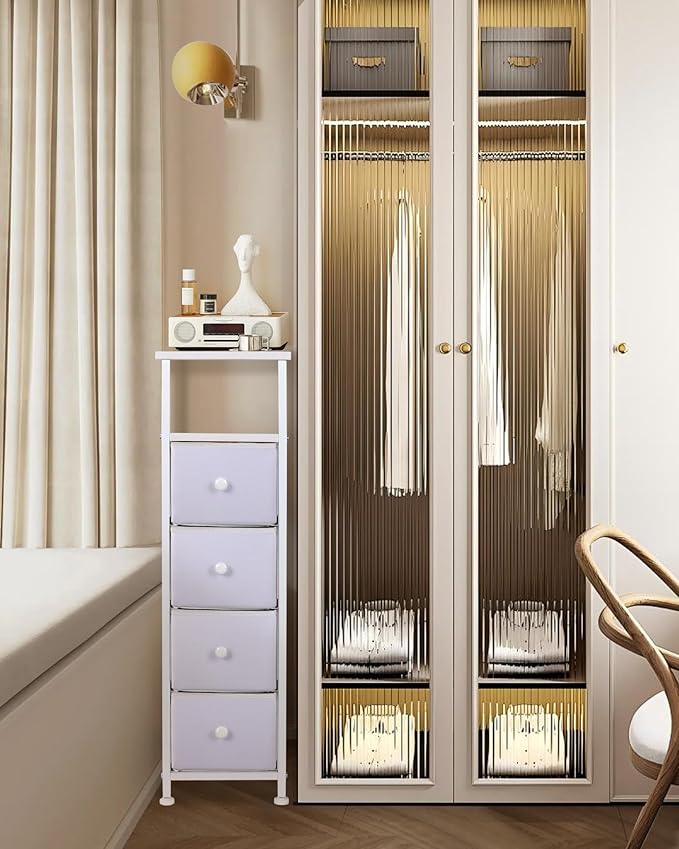 Narrow Dresser for Bedroom, Fabric Tall Dresser & Chests of Drawers with 4 Drawers, Vertical Organizer Storage Tower Unit for Bedroom, Hallway, Entryway White Wood Grain