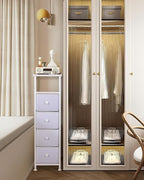Narrow Dresser for Bedroom, Fabric Tall Dresser & Chests of Drawers with 4 Drawers, Vertical Organizer Storage Tower Unit for Bedroom, Hallway, Entryway White Wood Grain