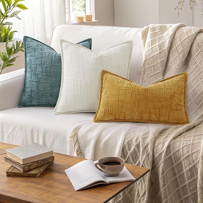 decorUhome Chenille Throw Pillow Covers 22x22 Set of 2, Thick Textured Slubby Neutral Decorative Pillow Covers with Elegant Design for Couch, Sofa, Living Room, Cream White
