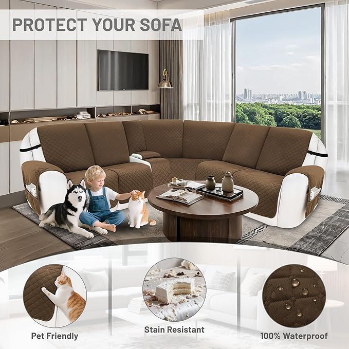 Recliner Sofa Covers 100% Waterproof Velvet L Shape Recliner Couch Covers for Sofa Pets Washable Anti Slip Recliner Slipcovers with Pockets (5 Seat Sofa with 1 Console, Brown)