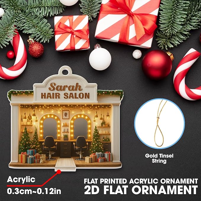 Personalized Hair Salon Christmas Ornament 2025, Custom Acrylic Flat Ornament, Holiday Tree Decor, Gift for Hairdresser, Hairstylist & Salon Owner