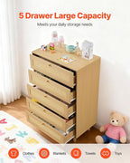 VEVOR 5 Drawer Rattan Dresser, 46" Tall Dresser for Bedroom, Boho Dresser Chest of Drawers with Gold Handles & Wooden Legs, Wood Clothing Storage Closet for Nursery, Living Room, Hallway, Natural Oak