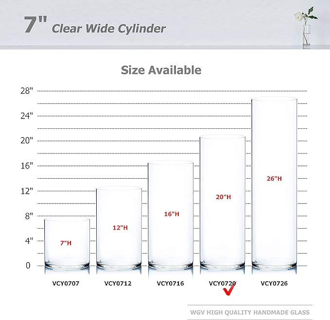 WGV Cylinder Vase, Width 7", Height 20", Clear Wide Large Diameter Flower Glassware, Floral Container, Planter Terrarium for Wedding Party Event, Home Accent Decor, 1 Piece