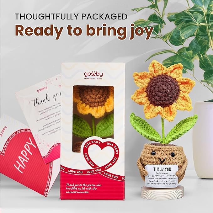 Gossby Handmade Positive Sunflower Doll Crochet with Card - Thank You for Listening - Appreciation Gift for Coworker, Friend - Mothers Day Christmas, Birthday, Thank You Gift Women, Men