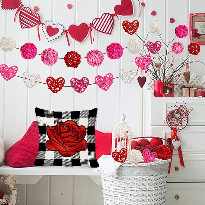 STMK 32 Pcs 2 Inch Valentine’s Day Heart Shaped & Round Rattan Balls Decorative, Wedding Wicker Balls Decorations for Valentine’s Day Decor DIY Vase Bowl Filler Wedding Decoration