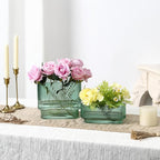 Short Glass Vases, Set of 2 Green Glass Vases for Tulips, Ribbed Vase for Flowers, Modern Small Vase for Living Room, Dining Room, Bathroom, Desk, Shelf, Wedding, Office