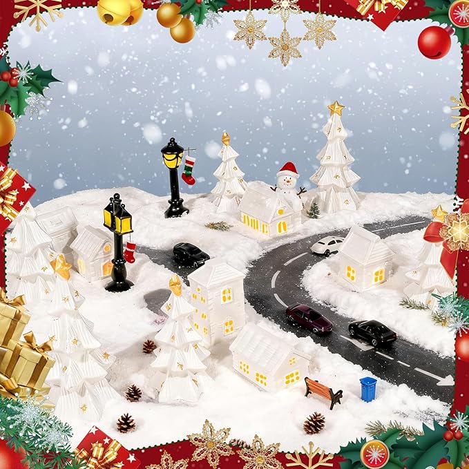 Bbiamsleep 1 Inch Christmas Mini Village Sets White Resin Miniature Village Houses Figurines and Accessories Christmas Miniature Houses for Home Xmas Winter Decor, Set of 19
