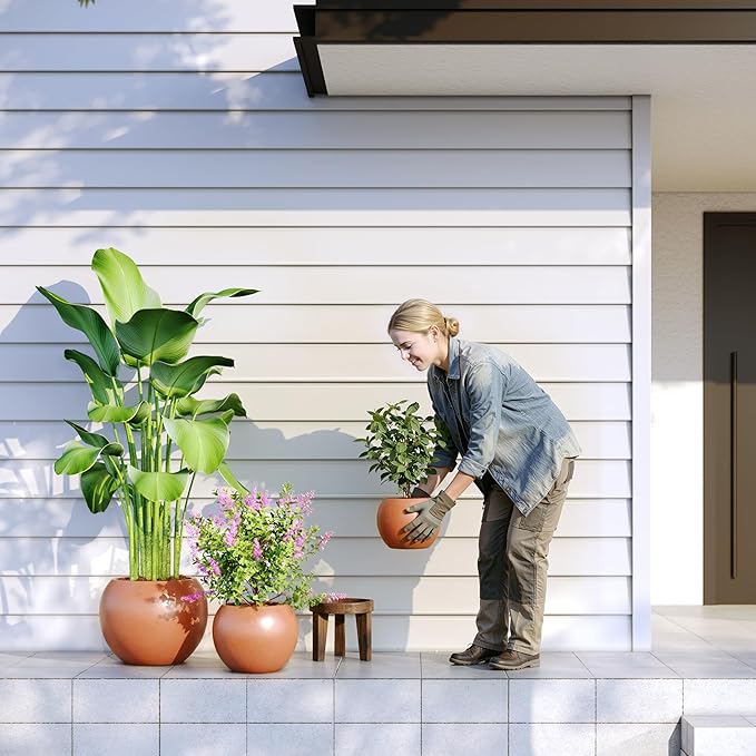 DTY Signature Mount Sherman Modern Indoor Outdoor Fiberstone Sphere Planter, Durable Round Garden Pot, Weather Resistant, Drainage Hole & Rubber Plug - Medium, Terracotta