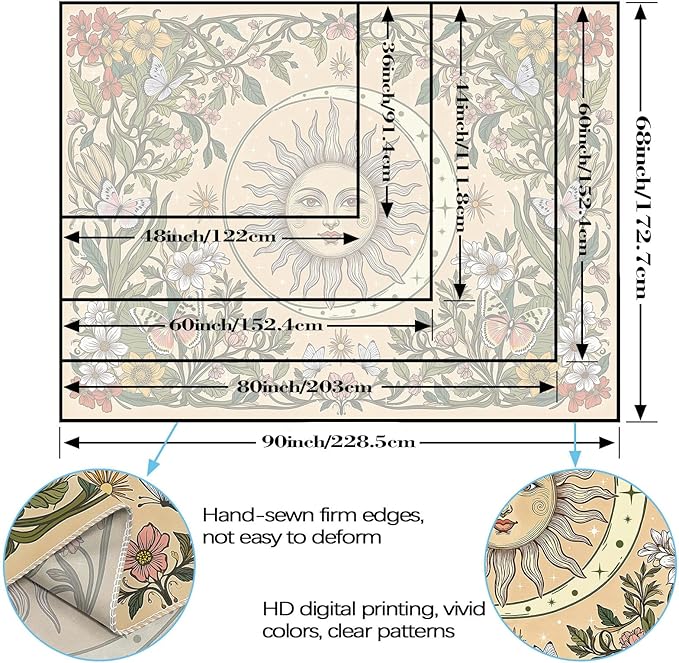 Accnicc Boho Sun and Moon Tapestry Vintage Floral Wall Tapestry for Bedroom Aesthetic Beige Celestial Plant Flower Butterfly Large Tapestries Wall Hanging for Living Room Dorm 80 x 60 Inch