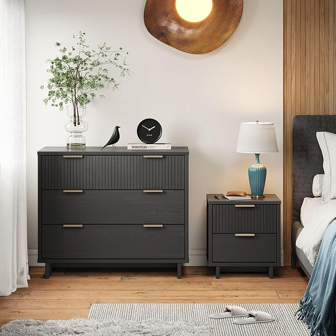 Manhattan Comfort Granville 2 Piece Modern Bedroom Dresser Set, Includes Standard Drawer Storage and Nightstand with Solid Wood Vertical Ribbed Design and Gold Accents, Dark Grey