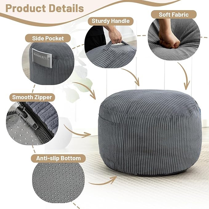 Round Stuffed Pouf Ottoman,Corduroy Foot Rest with Rebound Foam Filled, Furry and Fluffy Foot Stool Ottoman, Floor Poufs for Living Room (Gray, 20" D x 20" W x 15" H)