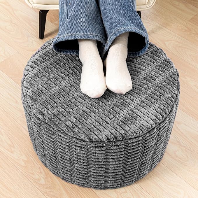 Stuffed Pouf Ottoman with Modern High-Density Foam Faux Fur Poufs Pouf Stool Round Foot Stool Cushion Storage Ottoman 20 * 12''Floor Poufs Ottoman Foot Rest for Living Room (Dark Grey)