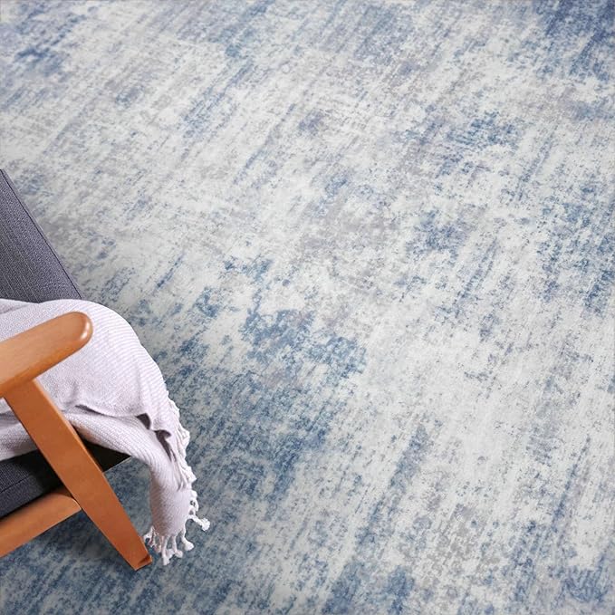 IOHOUZE Abstract Runner Rug 3x16 Ft Washable Runners for Hallways, Non Slip Kitchen Runner Printed Faux Wool Entryway Runner Indoor, Modern Abstract Floor Carpet for Hall Stair, Light Blue White