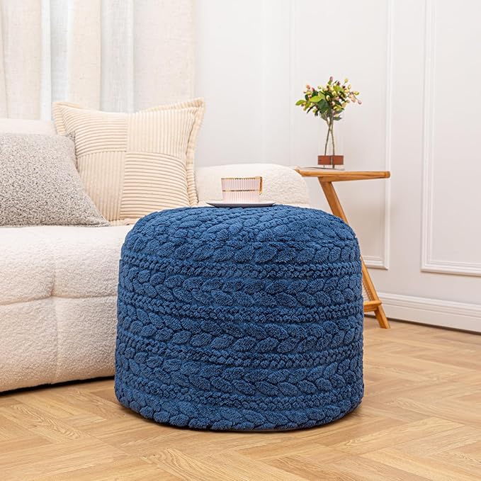 Unstuffed Ottoman Pouf Cover – Round Faux Fur Footstool Plush Floor Pouf (No Filler Included) Perfect for Living Room, Bedroom, or Office Lounge (Navy Blue, 20x20x15 in)