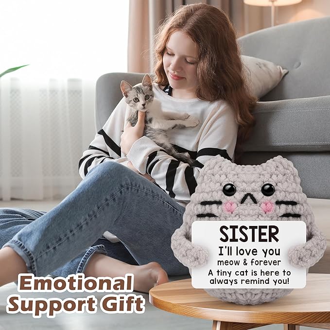 Positive Crochet Cat Emotional Inspirational Support Birthday Gifts for Sister,Handmade Knitted Cat for Women Coworker Friend Student Birthday Christmas Support Small Gifts