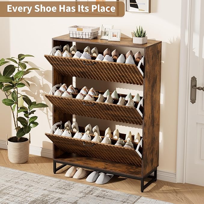 Nicetree Shoe Cabinet, Narrow Shoe Organizer with 3 Flip Drawers, Fluted Accent Shoe Rack Cabinet, Shoe Cabinet with 3-Tier Adjustable Shelves