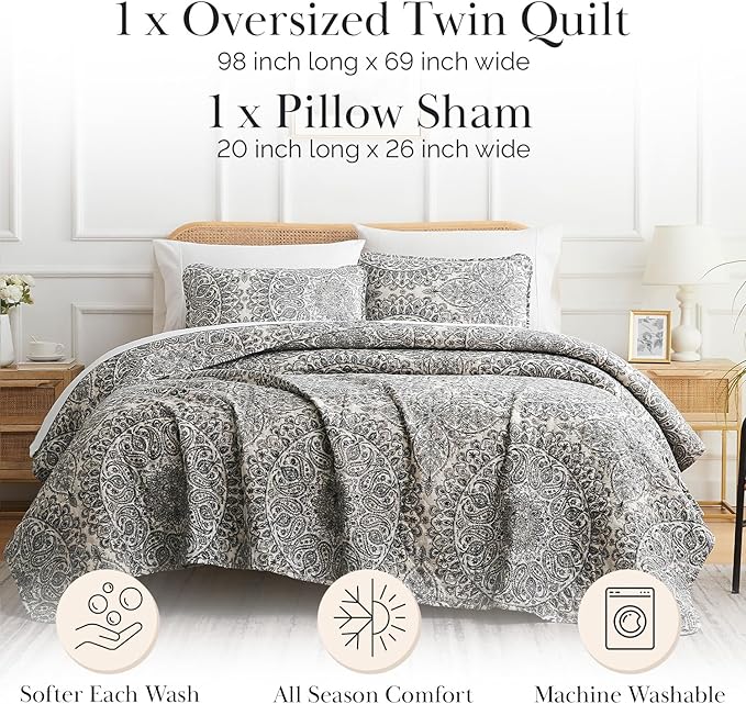 Southshore Fine Living, Inc. Ashanti Collection Oversized Quilt Twin Bedding Set Lightweight, Soft Coverlet Bedspread 2-Piece with one Matching sham (69 in Wide x 98 in Long), Twin/XL, Grey