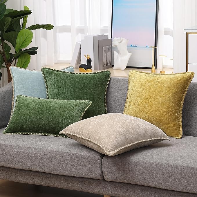 decorUhome Spring Chenille Soft Cozy Throw Pillow Covers 16x16 Set of 2, Modern Farmhouse Boho Velvet Decorative Pillow Cases with Stitched Edge for Couch Sofa Bed Home Decor, Mineral Yellow
