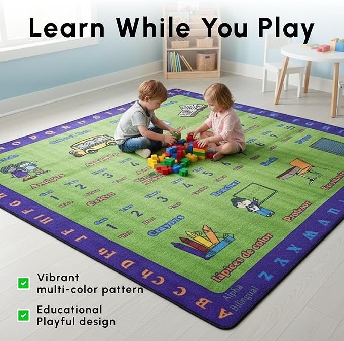 SAFECASTLE Alphabet Spanish Kids Educational Area Rug – 6'6" x 8'4" – Bilingual English & Spanish Learning Carpet with ABC Letters, Numbers & Classroom Objects – Classroom, Daycare & Preschool Rug