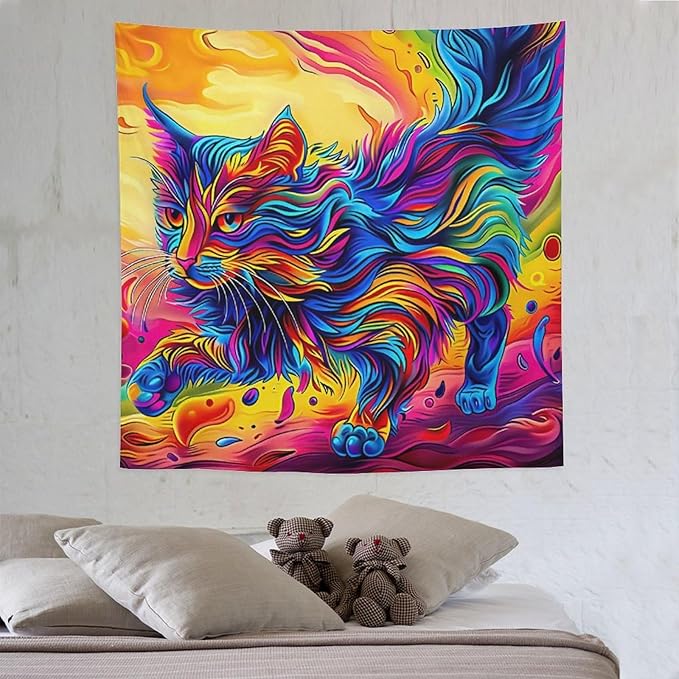 VUMIVI Colorful Cat Tapestry Pet Oil Painting Print Rainbow Colorful Abstract Art Pattern Tapestry Wall Hanging for Living Room Bedroom Dorm Classroom Aesthetic Decor W60xL60in