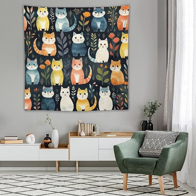 VUMIVI Cartoon Abstract Cat Tapestry Fun Cute Animals Plants Bohemian Modern Art Color Illustration Tapestry Wall Hanging for Living Room Bedroom Dorm Classroom Aesthetic Decor W60xL60in
