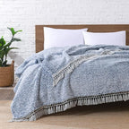 Ultra Soft Fleece Sherpa Blanket King Size,Lightweight Cozy Boho Bed Blanket with Decorative Tassel, Pattern Reversible, 2 Tones Ombre Blue,104”x90”