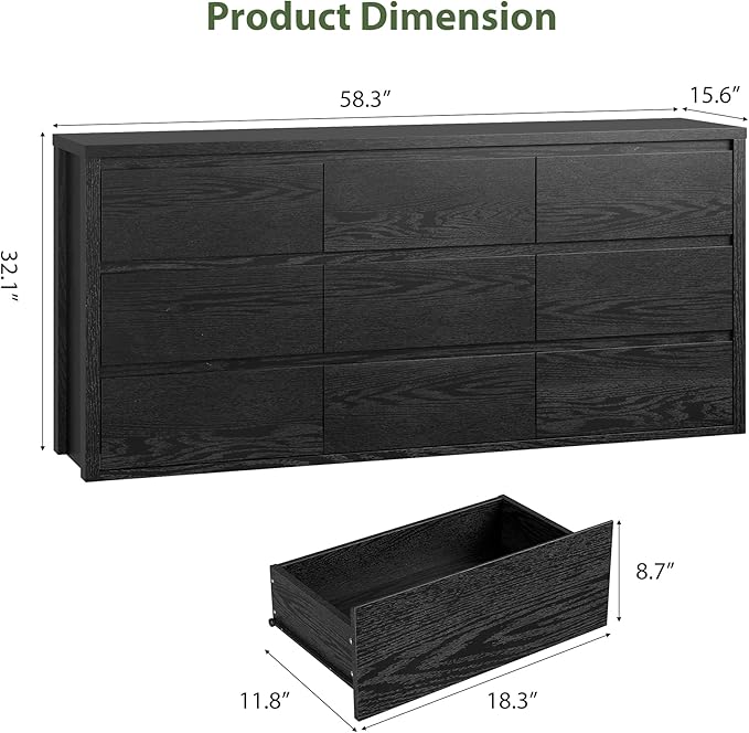 GarveeHome 9 Drawer Dresser for Bedroom, Wide Modern Chest of Drawers, Large Wood Dresser Wooden Storage Organizer for Living Room, Hallway Entryway