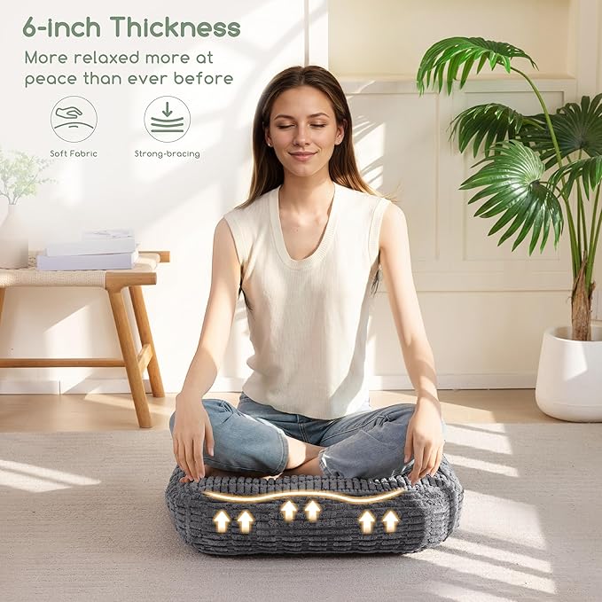 6" Washable Floor Pillow Cushion for Adults, Meditation Cushion Pillow, Removable Tufted Blended Corduroy Cover, Large Square Floor Sitting for Tatami Living Room or Yoga, 2Pack, Machine Washable