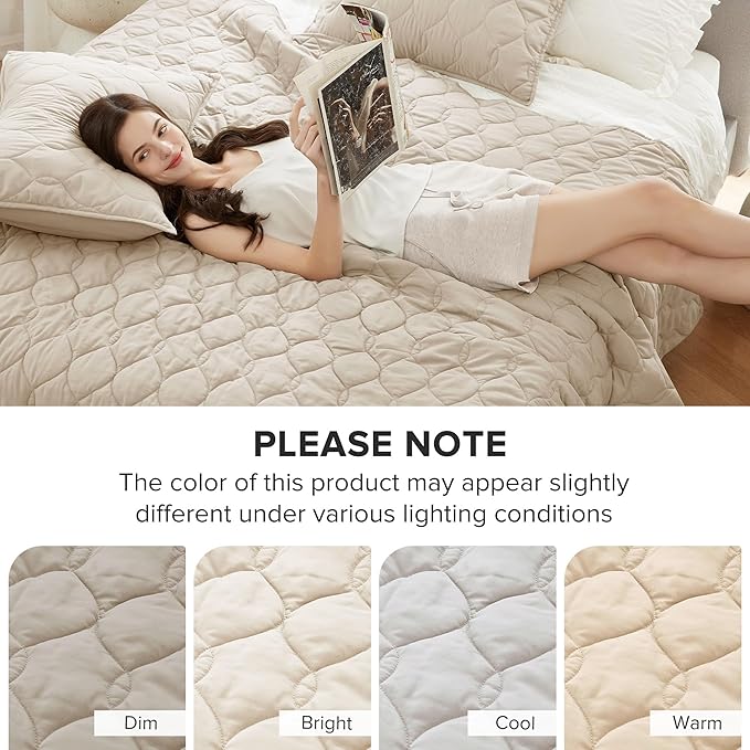 Comfort Spaces Queen Quilt Set Modern Reversible Ogee Coverlet Queen Bedding Set Cozy Quilted Winter Layer, All Season Lightweight Soft Queen Size Quilt, Kienna, Full/Queen Beige 3 Piece