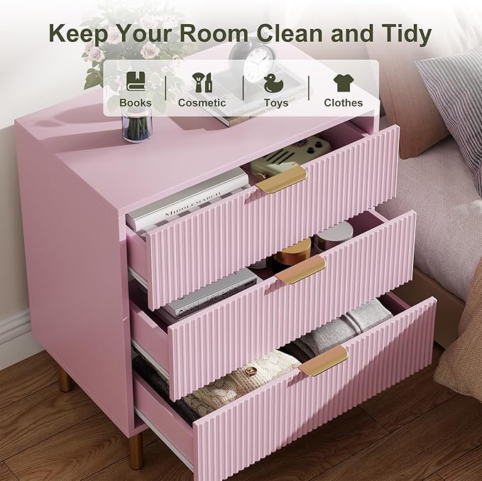 GarveeHome Pink Dresser, Modern 3 Drawer Dresser for Bedroom with Gold Handle and Large Drawer, Wood Double Chest of Drawers and Storage Organizer for Living Room, Hallway, Entryway