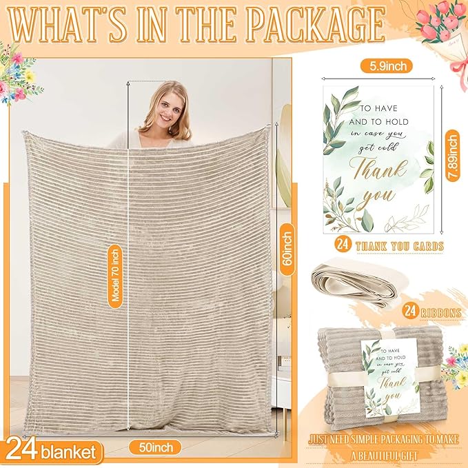 Buryeah 24 Pcs Wedding Flannel Fleece Throw Blanket Bulk with Thank You Card and Ribbon, 50 x 60 in Oeko-TEX Standard 100 Certified Blankets Outdoor Wedding, Guest Party Souvenirs (Khaki)