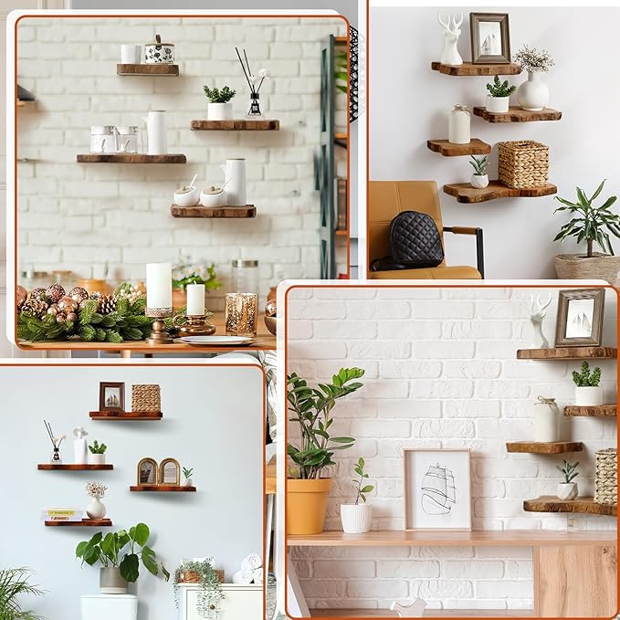 Pinkunn 4 Pcs Floating Shelves for Wall Wooden Live Edge Shelf Wall-Mounted Natural Solid Wood Bedroom Kitchen Storage Living Room Nursery Decor (4 Pcs,15.7 Inch)