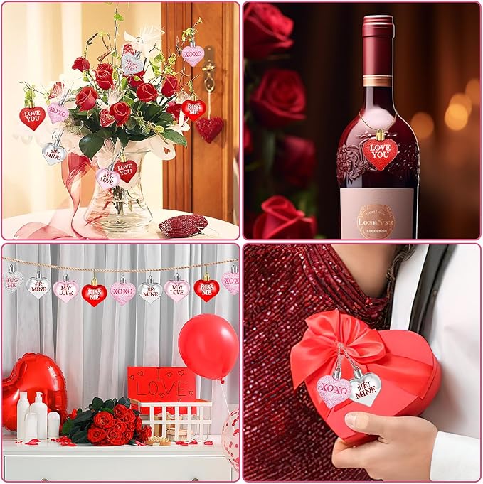 JULMELON 24Pcs Valentine's Day Heart Shaped Ornaments Romantic Valentines Conversation Heart Hanging Ornaments Decorations for Home Party Wedding Decor (Red, Pink and Silver)