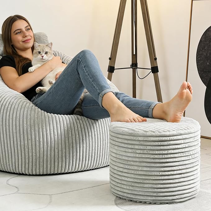 Round Stuffed Pouf Ottoman with Foam Chunk Filling, Coral Fleece and Furry Fabric Design, Multi-Functional Floor Pouf for Living Room, Wide Stripes,Dark Gray