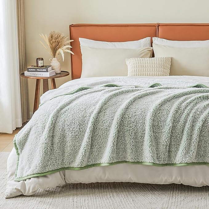 EMME Soft Sherpa Fleece Blanket Reversible Plush Fluffy Large Blanket, Light Weight Warm Decorative Boho Blanket Cover for Sofa, Couch, Bedroom,Travel(Plush Sage,90"x90")