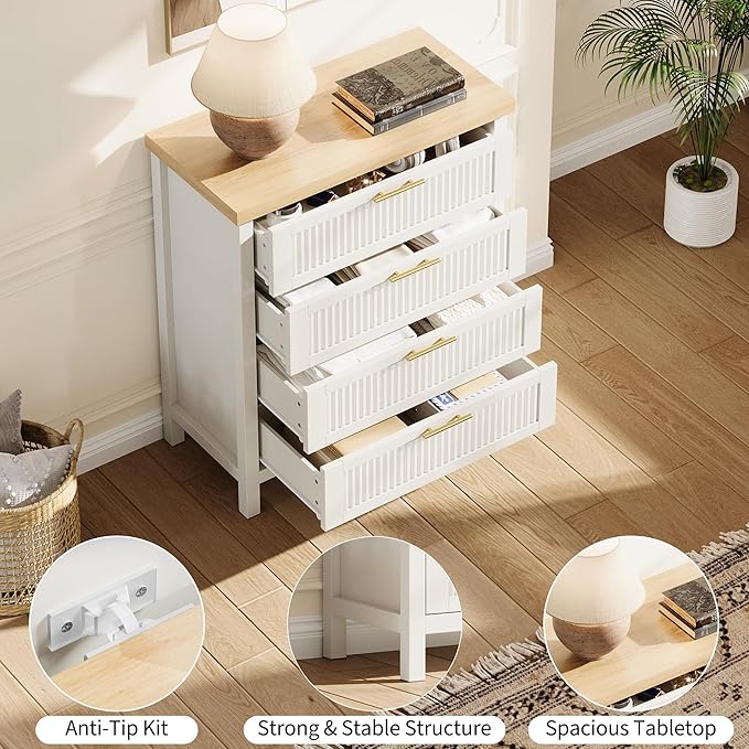 Garvee Fluted Dresser for Bedroom, Chest of Dressers 35.4 in Tall Dresser for Closet with 4 Fluted Dressers Chest with Clothes Storage Cabinet, Drawer Organizer for Bedroom, Living Room, Closet, White