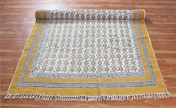 Area Rug 6x9 Kilim Rug Yellow & Beige Cotton Dhurrie Oriental Thick 0.19 inches Stone Easy Washable Rug Hand Wash Cotton Carpet Flatweave Rug Indoor Outdoor Rugs for Living Room, Bedroom