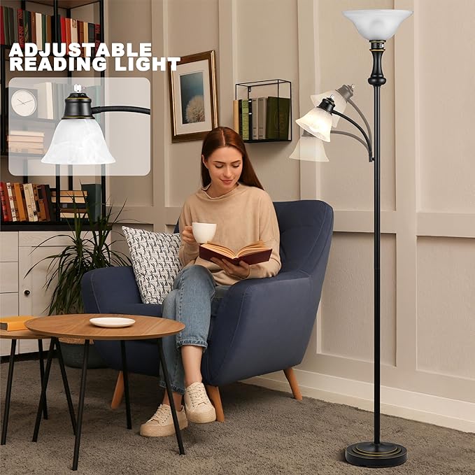 71'' Torchiere Floor Lamps for Living Room, Tall Floor Lamp for Bedroom with Adjustable Angle Arc Reading lamp, Modern Standing lamp with Glass Shade, Knob Switch, Bulb Included, Black