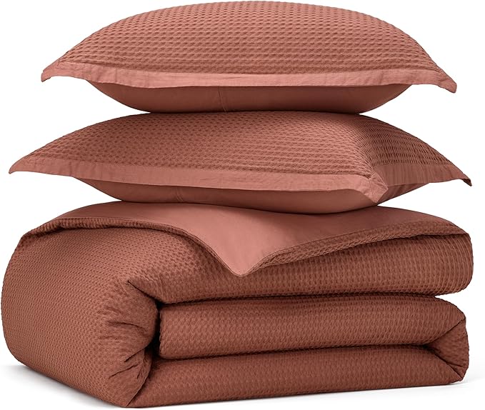 Bedsure Cotton Duvet Cover King - 100% Cotton Waffle Weave Burnt Orange Duvet Cover King Size, GentleSoft™ and Breathable Bedding Set for All Season, 3 Pieces, 104"x90"