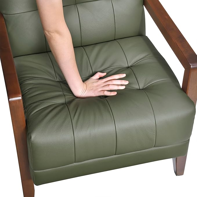 Lexicon Modern Accent Chair, Luxury Genuine Leather Match Living Room Chair with Tufted Cushions, Solid Wood Frame and Arm Rest, Comfy Upholstered Single Seat for Bedroom/Reading/Office, Green