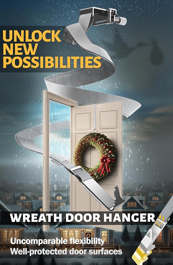Menz Wreath Door Hanger - Adjustable Wreath Hanger for Front Door as Non-Scratch Decoration Holder for Christmas, Easter and Halloween, Decoration Hook for Christmas swags Outdoor, Stainless Steel