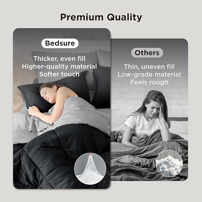 Bedsure Dark Black Queen Comforter Set - 7 Pieces Reversible Queen Bed in a Bag, Bed Set Dark Black and Grey with Comforters, Sheets, Pillowcases & Shams