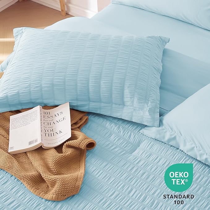 MUXHOMO 7 Pieces Queen Comforter Set, Seersucker Bed in a Bag Queen Size, All Season Luxury Bedding Set with Comforter, Flat Sheet, Fitted Sheet, Pillowcases & Shams, Lake Blue