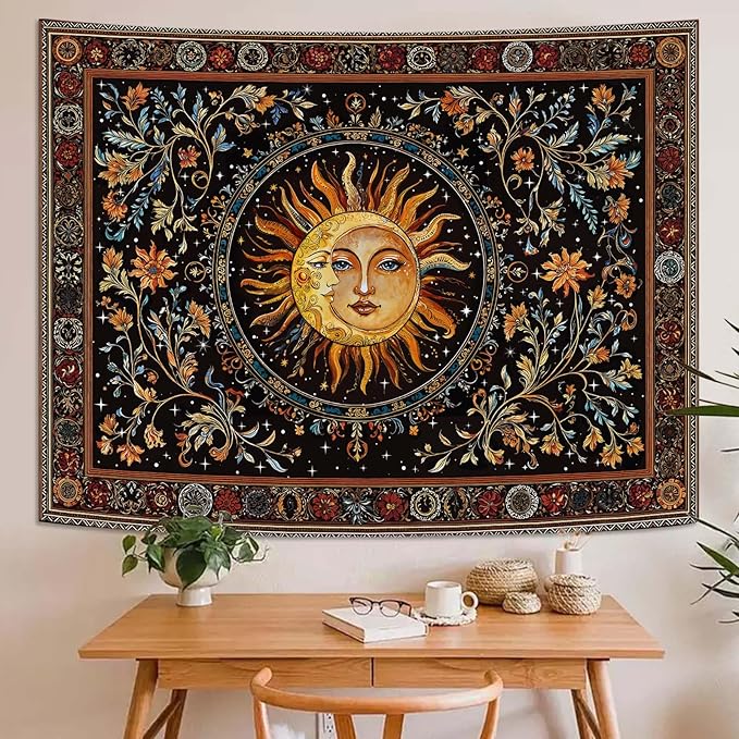 Accnicc Vintage Sun and Moon Tapestry Hippie Indie Boho Floral Wall Tapestry for Bedroom Aesthetic Stained Glass Celestial Plant Small Tapestries Wall Hanging for Living Room Dorm 60 x 44 Inch