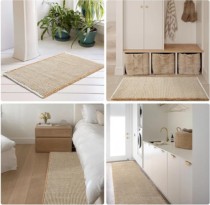 Waffle Bath Mat, Boho Bathroom Rugs Non Slip Washable Super Absorbent Quick Dry Bath Mat Farmhouse Bathroom Decor, 48"x24" Khaki and White