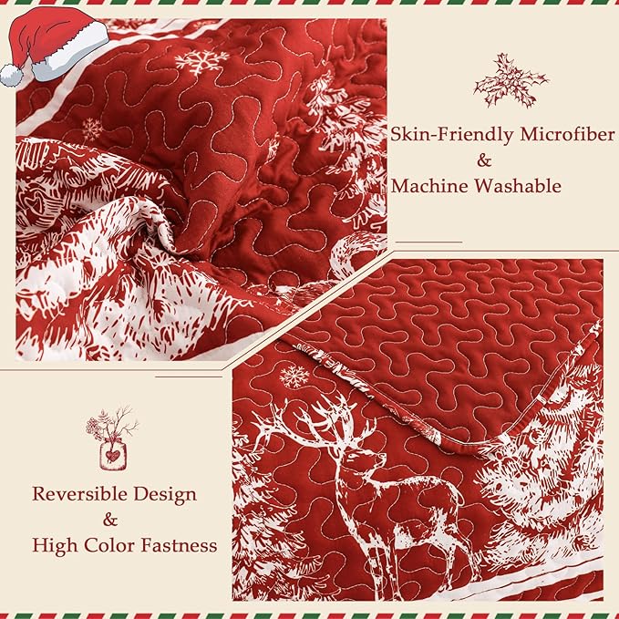 Exclusivo Mezcla Reversible Christmas Quilts Queen Size, Red Bedspread Lightweight Coverlet Winter Quilt Bedding Set with Printed Striped Trees Snowflakes Pattern (1 Quilt, 2 Pillow Shams)
