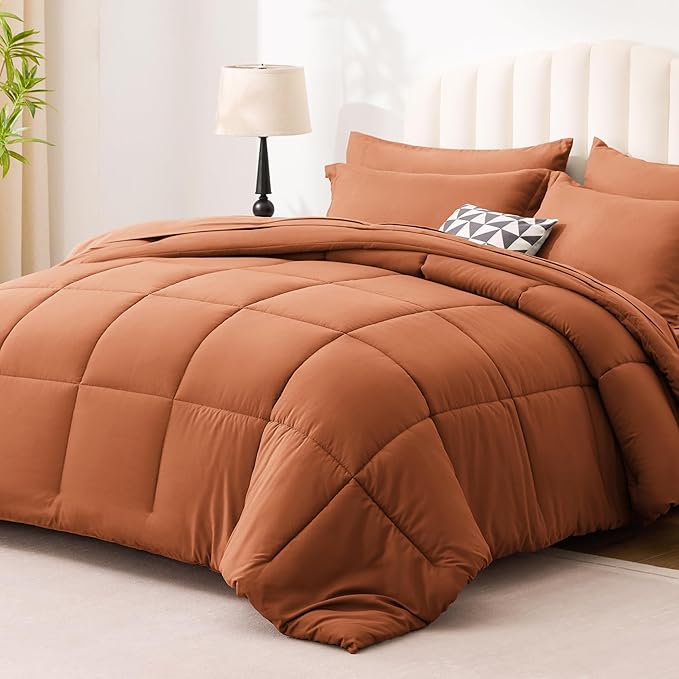 Love's cabin Queen Comforter Set Burnt Orange, 7 Pieces Queen Bed in a Bag, All Season Bedding Sets with 1 Comforter, 1 Flat Sheet, 1 Fitted Sheet, 2 Pillowcase and 2 Pillow Sham