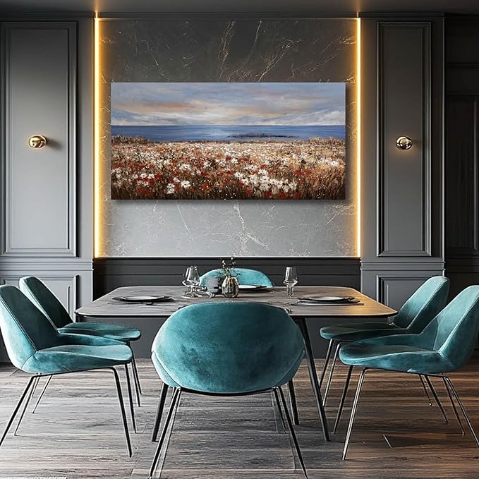GAIDUOMAI Coastal Wall Art Wildflower Mountain Canvas Picture for Living Room Office Contemporary Art 24"x48" Neutral Wall Hanging Decor for Home